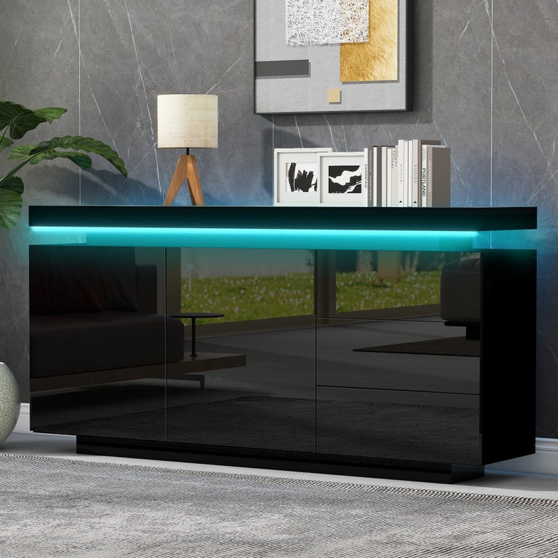 Nowoczesna niska komoda z 2 drzwiami i 3 szufladami - 140 x 35 x 72,5 cm - LED - do salonu - Czarny połysk