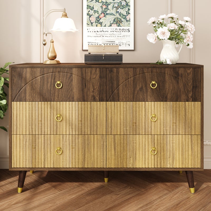 Komoda niska z 6 szufladami - 120 x 40 x 81 cm - Płyta wiórowa + MDF - Naturalna