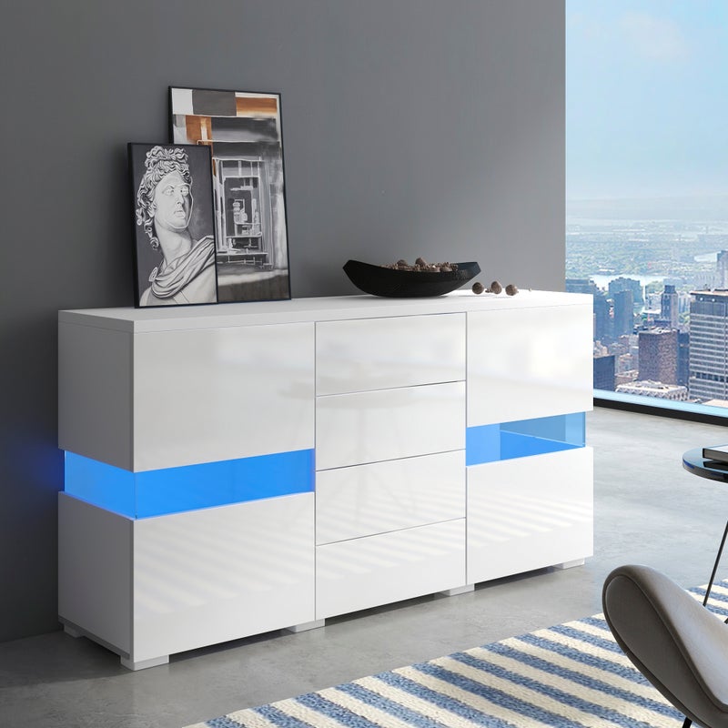 Komoda niska z 4 szufladami i 2 drzwiami - 145 x 35 x 72 cm - LED - do jadalni lub salonu - MDF - biała