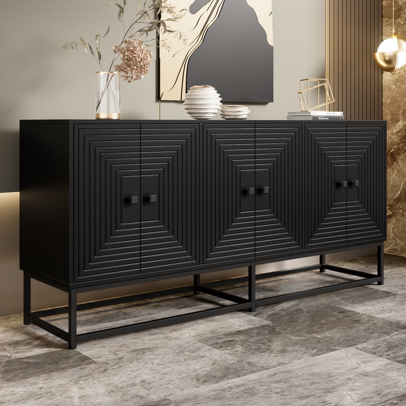 Nowoczesna komoda z 6 drzwiami - 160 x 38 x 75,5 cm - do salonu, jadalni - Płyta wiórowa - Kolor czarny