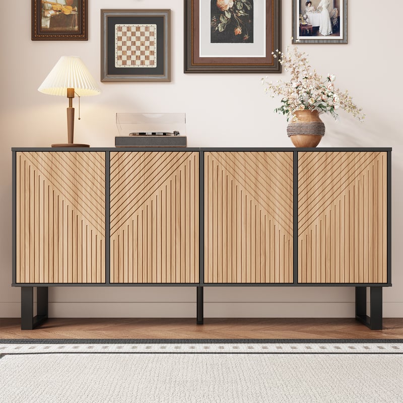 Nowoczesna komoda z 4 drzwiami - 160 x 38 x 75 cm - Płyta wiórowa + MDF - Kolor naturalny + czarny