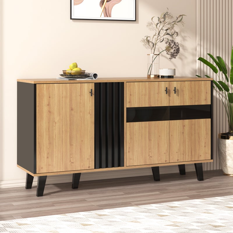 Komoda niska z 3 drzwiami - 140 x 78,5 x 41 cm - Szkło i płyta wiórowa - Diody LED - Naturalny