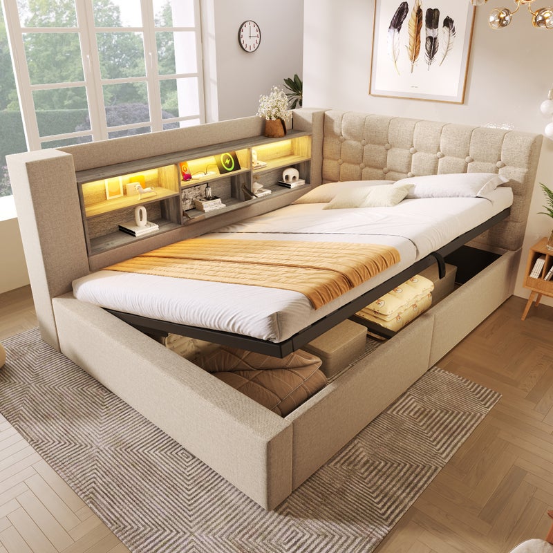 Łóżko z pojemnikiem 140 x 200 cm i 6 przegródkami – tkanina lniana – diody LED i porty USB – beżowe (materac nie jest dołączony)