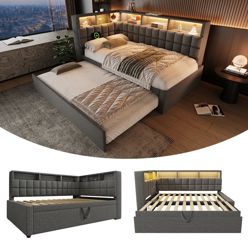 Łóżko wysuwane 90 x 200 cm + 90 x 190 cm z półką - diody LED, porty USB/Type-C i głośnik Bluetooth - szare (materac nie jest dołączony)