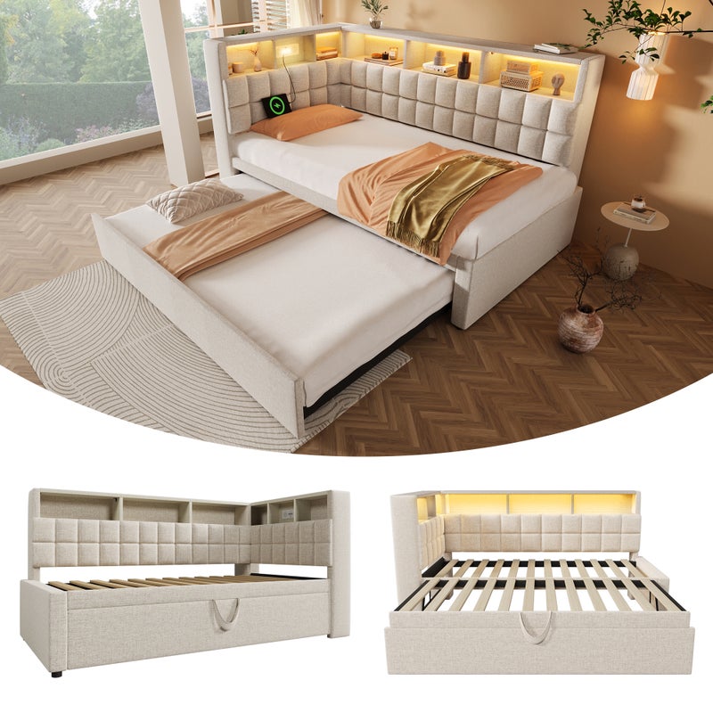 Łóżko wysuwane 90 x 200 cm + 90 x 190 cm z półką - diody LED, gniazda USB/Typ-C i głośnik Bluetooth - beżowe (materac nie jest wliczony w cenę)