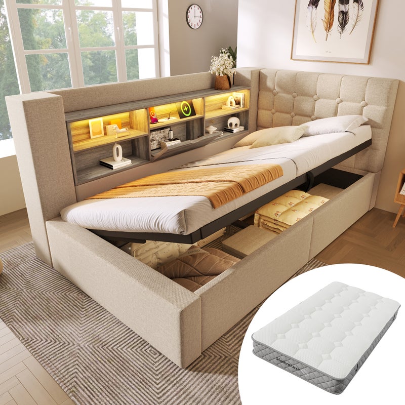 Łóżko 90 x 200 cm z pojemnikiem na pościel, zagłówkiem i 6 przegródkami – tkanina lniana – diody LED i porty USB – beżowe (materac w zestawie)