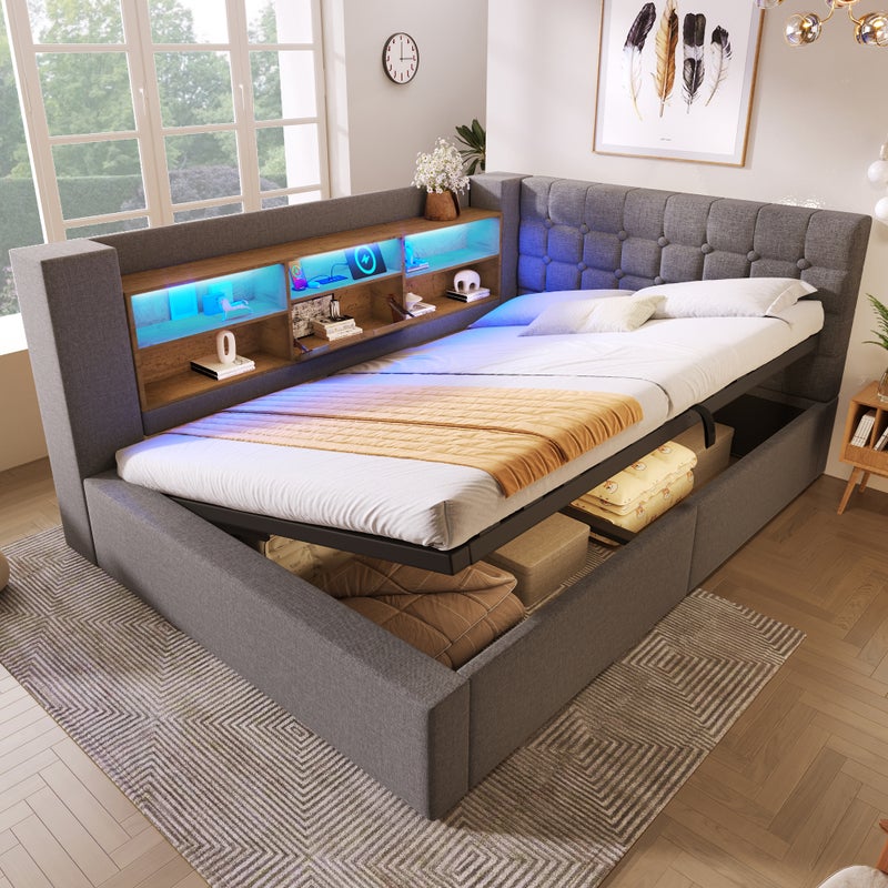 Łóżko z pojemnikiem 140 x 200 cm i 6 przegródkami – tkanina lniana – diody LED i porty USB – kolor szary (materac nie jest dołączony)