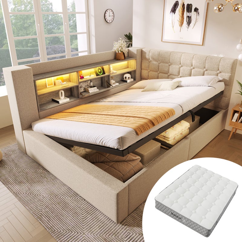 Łóżko z pojemnikiem 140 x 200 cm, zagłówkiem i 6 przegródkami, sofa rozkładana - tkanina lniana - diody LED i porty USB - beżowe (z materacem)