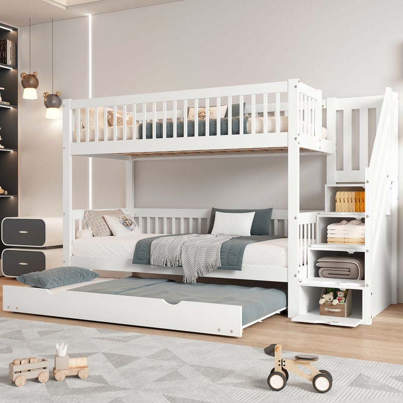 Łóżka piętrowe 2 x 90 x 200 cm + łóżko wysuwane 90 x 190 cm - 3 szuflady i schodki - sosna + płyta MDF - kolor biały (Materace nie są wliczone w cenę)