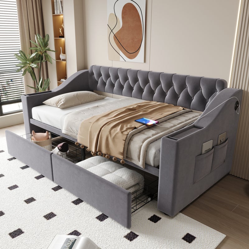 Łóżko tapicerowane 90 x 190 cm z 2 szufladami i portem USB - Tkanina welurowa - Kolor ciemnoszary (Materac nie jest wliczony w cenę)