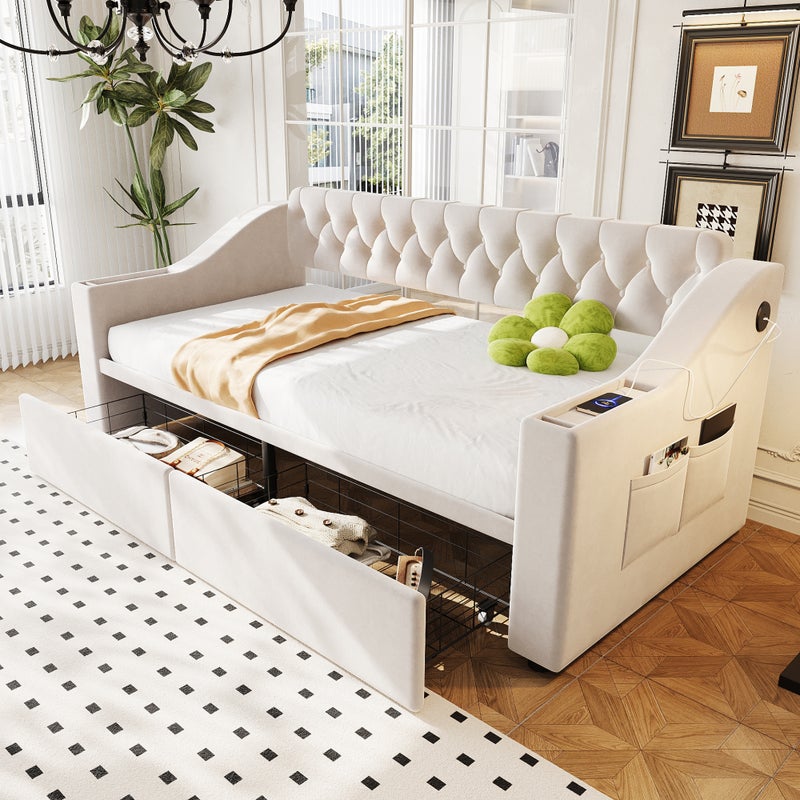 Łóżko tapicerowane 90 x 190 cm z 2 szufladami i portem ładowania USB, sofa rozkładana - tkanina aksamitna - beżowy (materac nie jest wliczony w cenę)