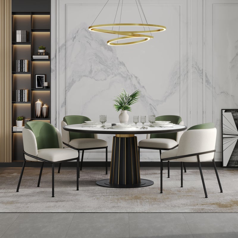 Komplet 4 krzeseł do jadalni z podłokietnikami - 55 x 55 x 85 cm - Len i skóra ekologiczna, nogi metalowe w kolorze czarnym - Beż i zieleń