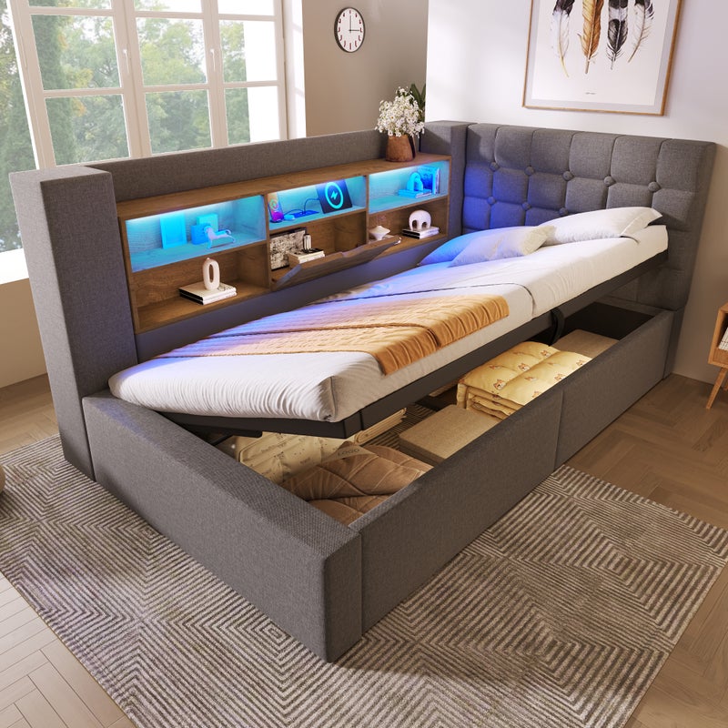 Łóżko z pojemnikiem 90 x 190 cm i 6 przegródkami – tkanina lniana – diody LED i porty USB – kolor szary (materac nie jest dołączony)