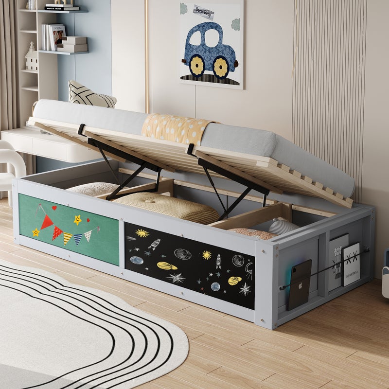 Łóżko z pojemnikiem 90 x 200 cm, półką do pisania i blatem pokrytym filcem - sosna + sklejka + płyta MDF - szare (materac i zagłówek nie są dołączone)