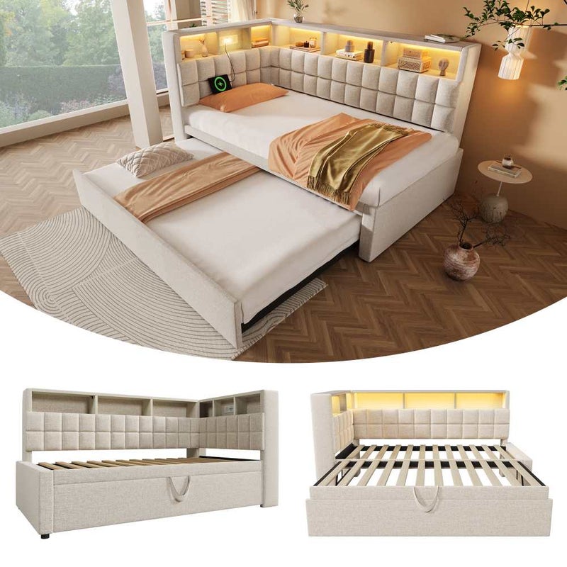 Tapicerowane łóżko 90x200 z łóżkiem wysuwanym, oświetleniem LED, głośnikiem Bluetooth, schowkiem i zagłówkiem w kształcie litery L.