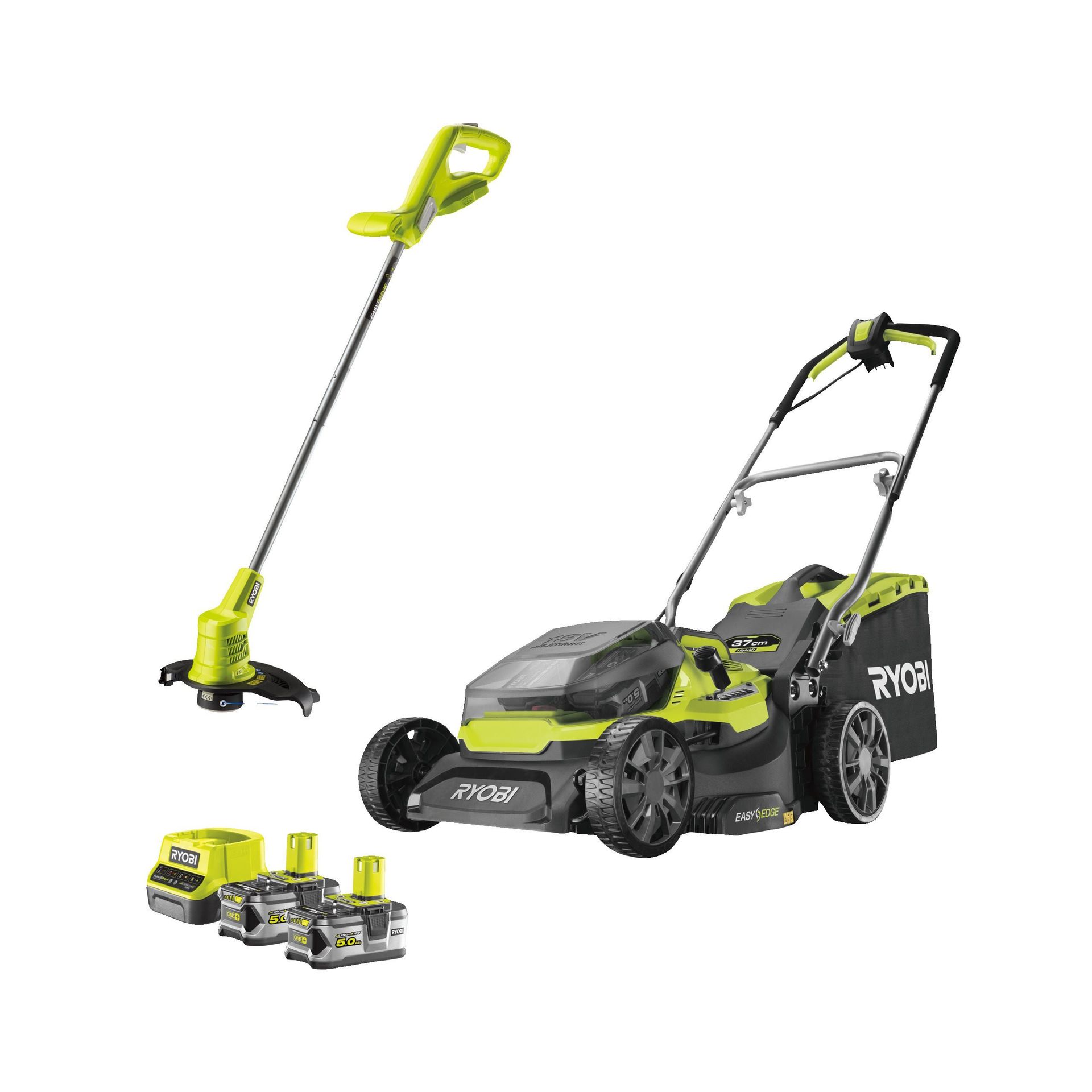 RYOBI Kosiarka 37cm hybrydowa 18V ONE+™ w zestawie z podkaszarką 25cm i dwoma akumulatorami 5.0Ah