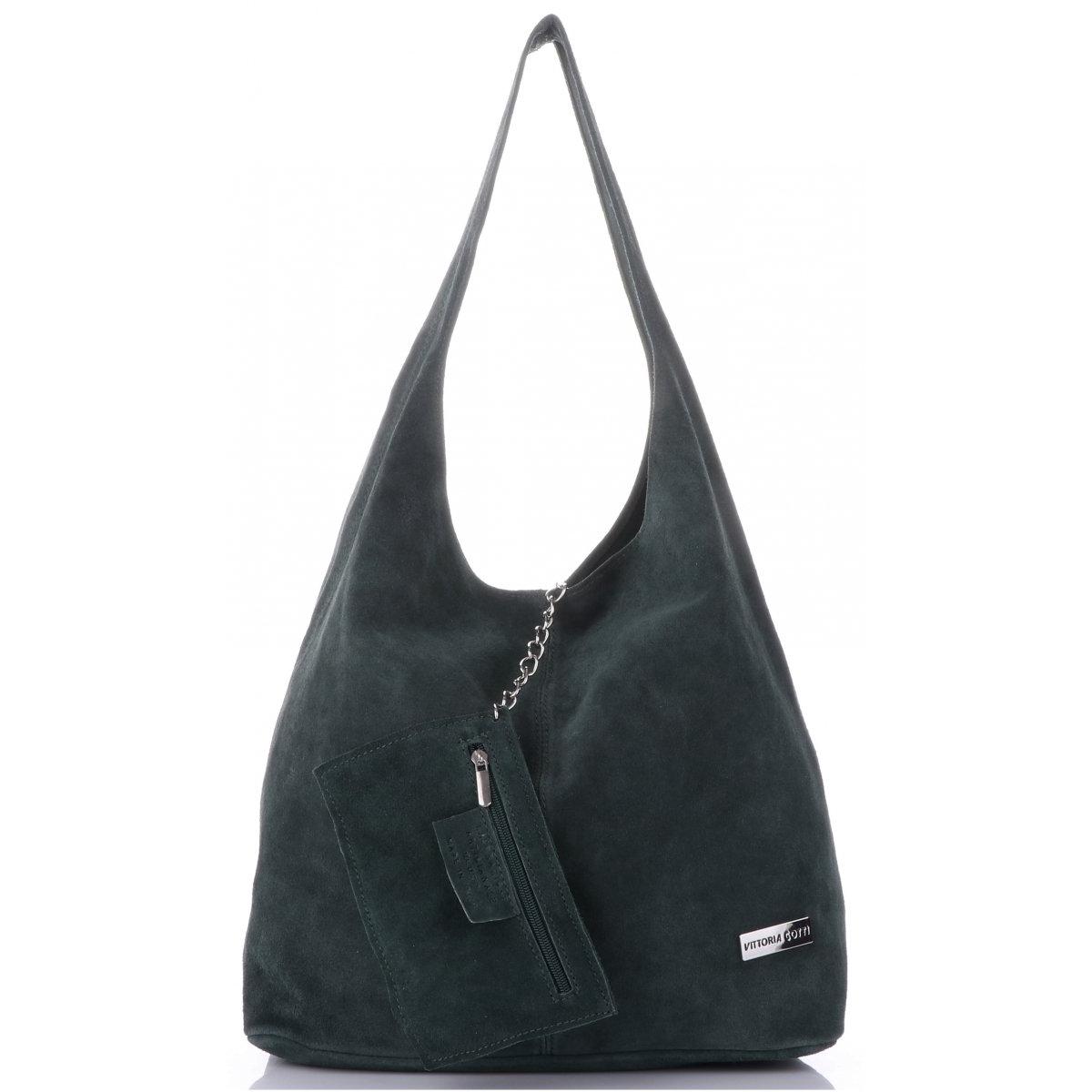 Oryginalne Torby Skórzane XL VITTORIA GOTTI Shopper Bag z Etui Butelkowa Zieleń