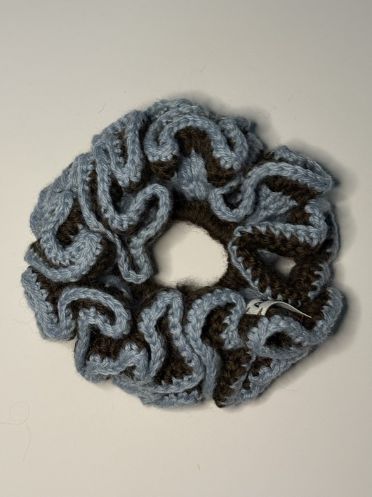Brown & blue crochet scrunchie.