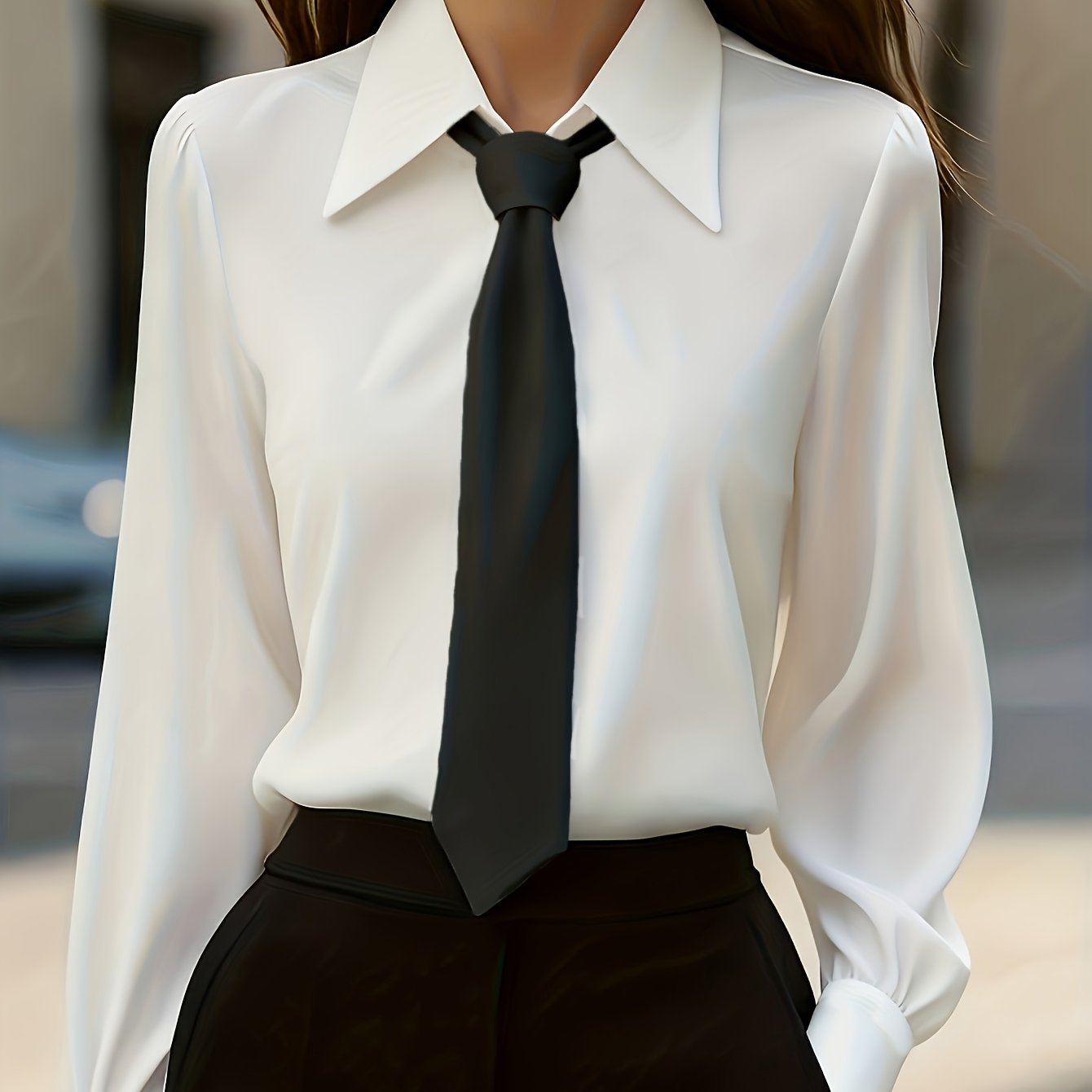 TEMU Elegancka damska koszula z długim rękawem w kontrastowym czarno-białym kolorze z klapami Jednolity , idealna na wiosnę/jesień