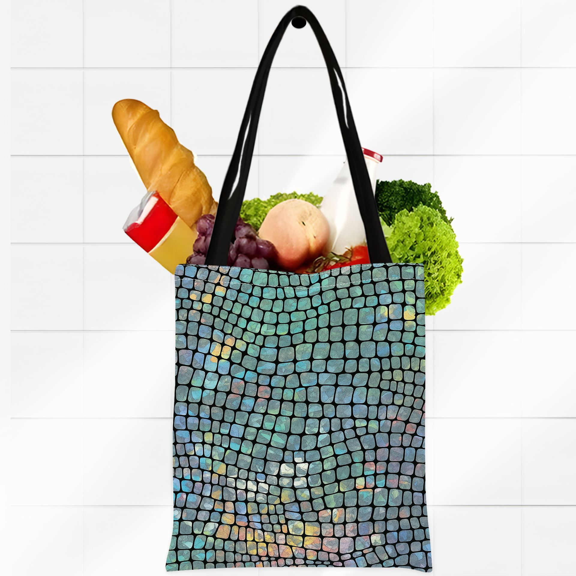 TEMU Damska Torba Tote o Dużej Pojemności z Abstrakcyjnym Mozaikowym Nadrukiem - Turkusowa, Zielona, Złota, Brązowa, Czerwona, Fioletowa, Różowa,