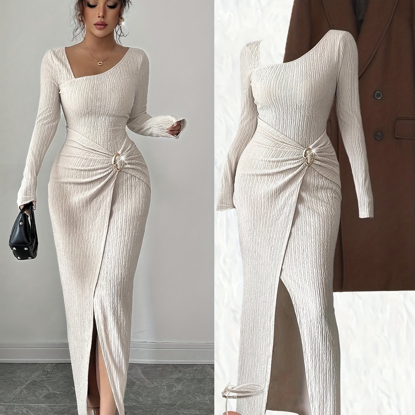 TEMU Elegancka Sukienka Damska z Asymetrycznym Dołem i Skrętem - Długi Rękaw, Suknia Ślubna dla Gości, Dopasowana z Asymetrycznym Dekoltem i