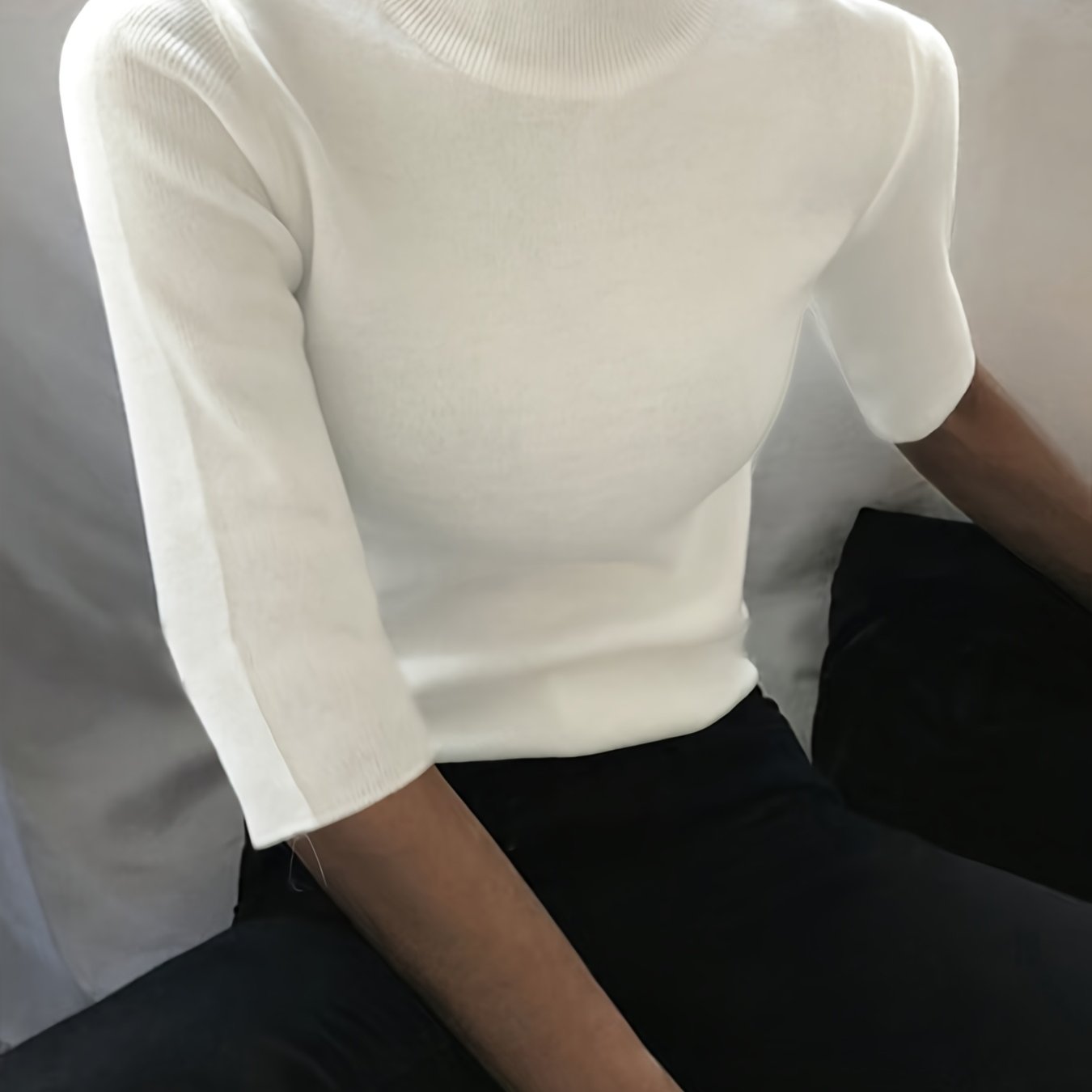 TEMU 2026 Moda Elegancki Damski Prosty Styl Krótki Rękaw Stójka Sweter Top Sweter Pulower