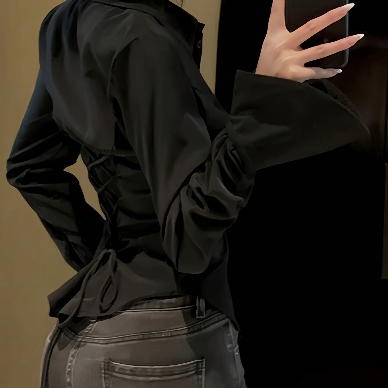 TEMU Elegancka koszula damska w jednolitym kolorze z wiązaniem na plecach, z długim rękawem, idealna na każdą porę roku