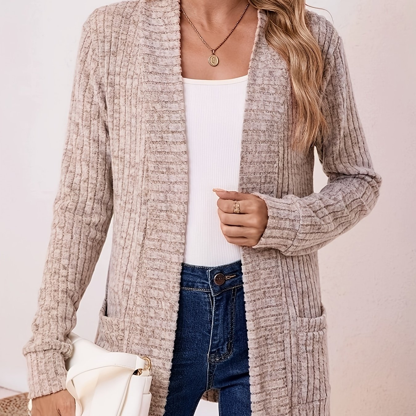 TEMU Kardigan Długi z Wzorami Kierunkowymi, Luźny i Elegancki Styl, Modny Sweter Jednokolorowy z Kieszeniami i Długim Rękawem, Kardigan z Otwartym