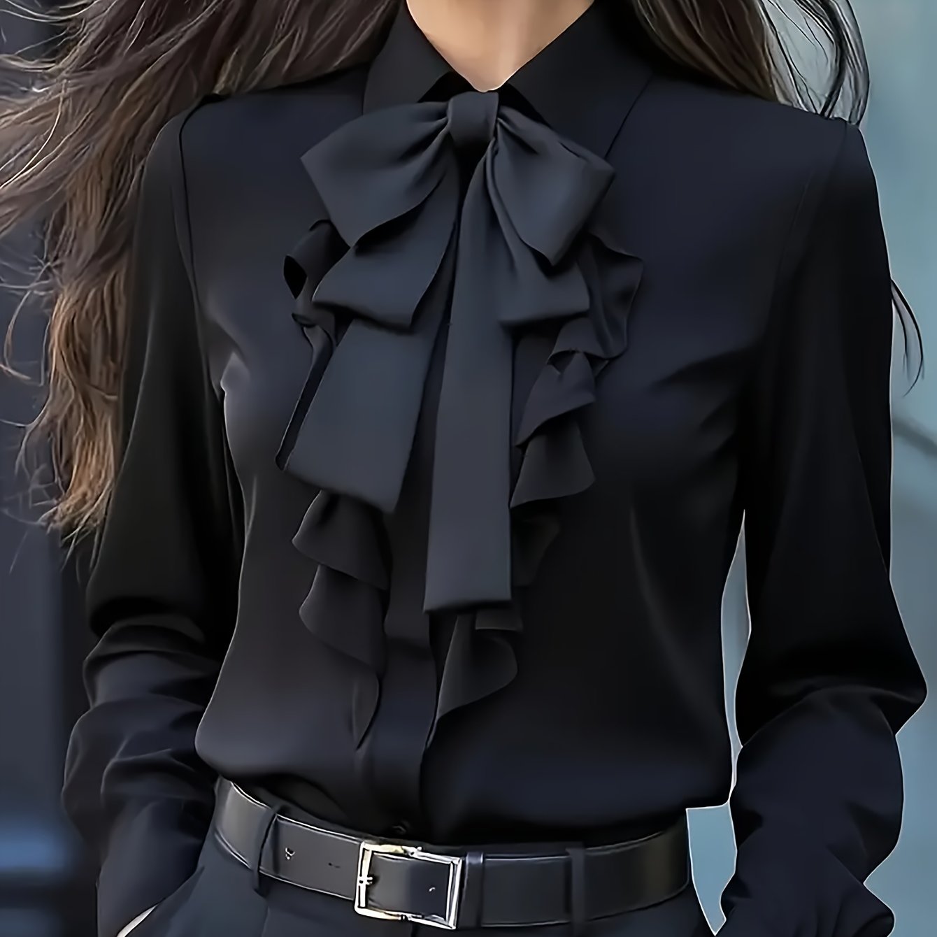 TEMU Damski Top z Falbanką i Kokardą, Elegancka Koszula w Stylu Commuter