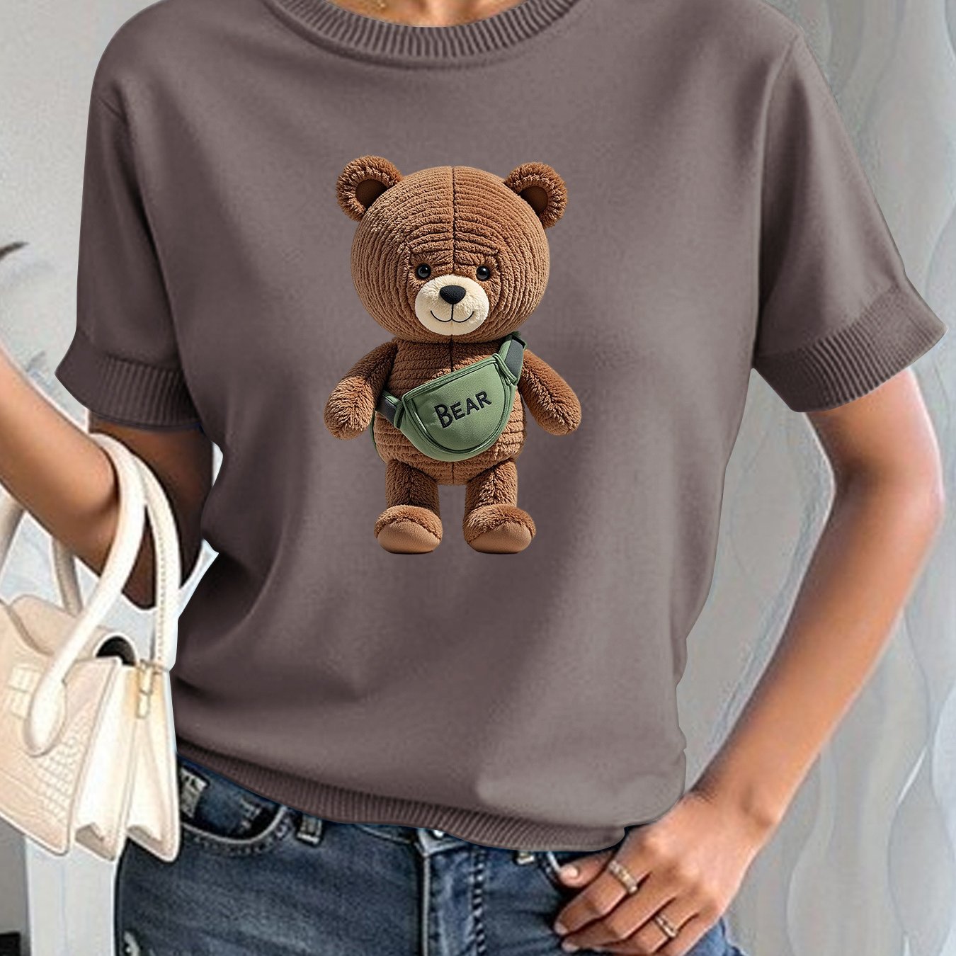 TEMU Sweter Damski z Krótkim Rękawem i Okrągłym Dekoltem - Czarny, Nadruk Misia Teddy, Miękka Tkanina, Pranie w Praniu Maszynowym, Wielosezonowy Top