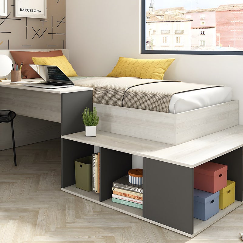 Łóżko wielofunkcyjne 90 × 200 cm z ze skrzynią i biurkiem – naturalne i antracytowe + stelaż – RIGALI