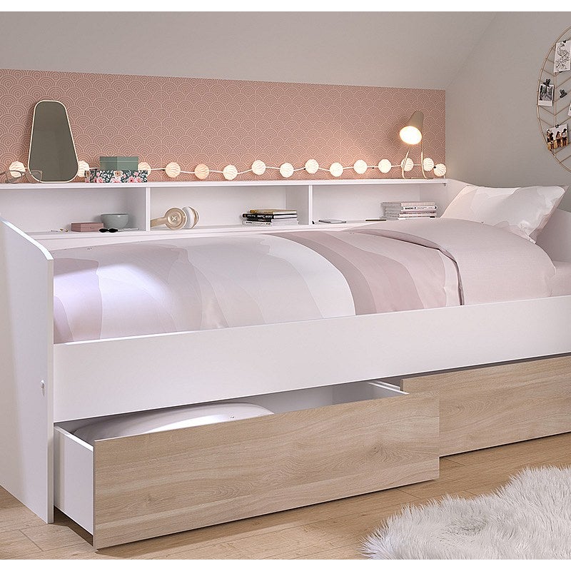 Łóżko 90 x 190/200 cm ze skrzynią i - Biały i naturalny + Stelaż - PAULETTE