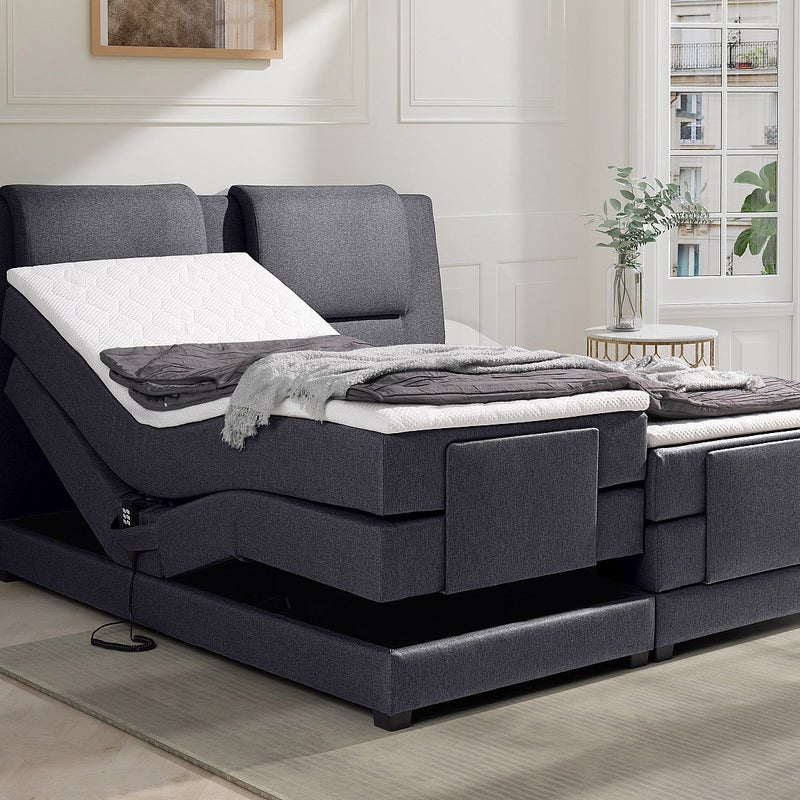 Łóżko kontynentalne: zagłówek łóżka + stelaż z elektryczną funkcją relaksu + materac + nakładka na materac CASTEL marki PALACIO - 2x90x200cm - Antrac