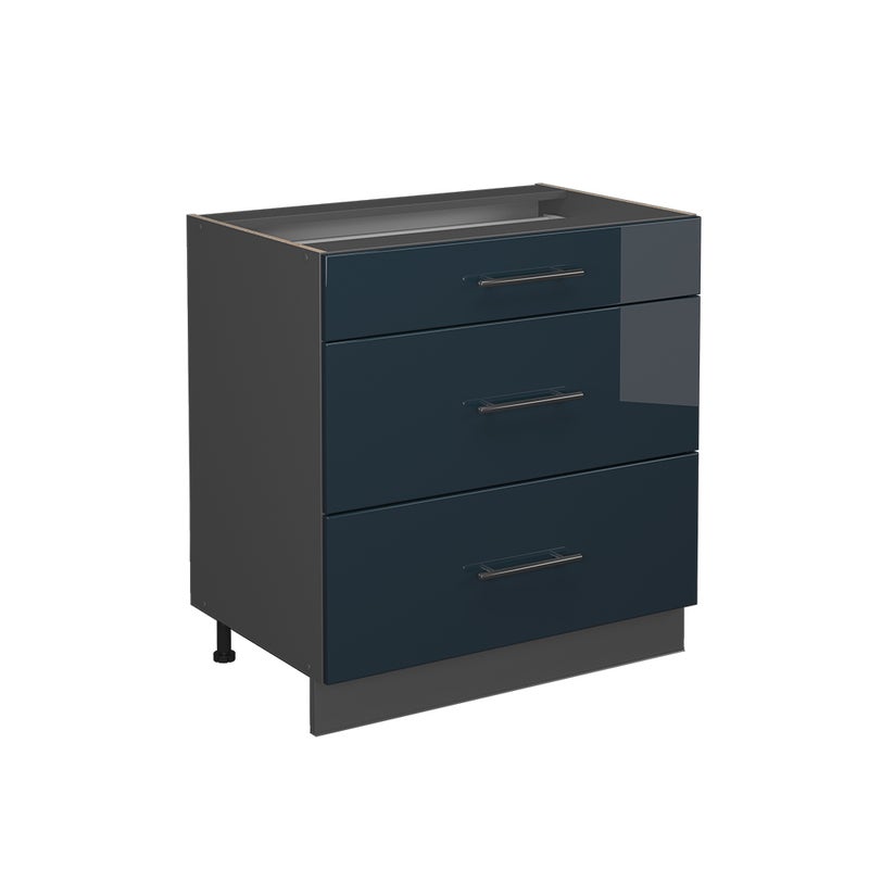 Vicco Szafka dolna do kuchni Fame-Line, Ciemnoniebieski wysoki połysk, 80 cm z 3 szufladami, bez blatu roboczego