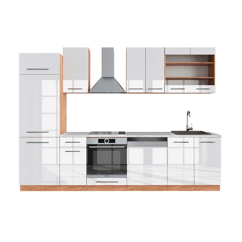 Vicco Aneks kuchenny Fame-Line, Biały wysoki połysk/złoty dąb power, 300 cm , BP Marmur