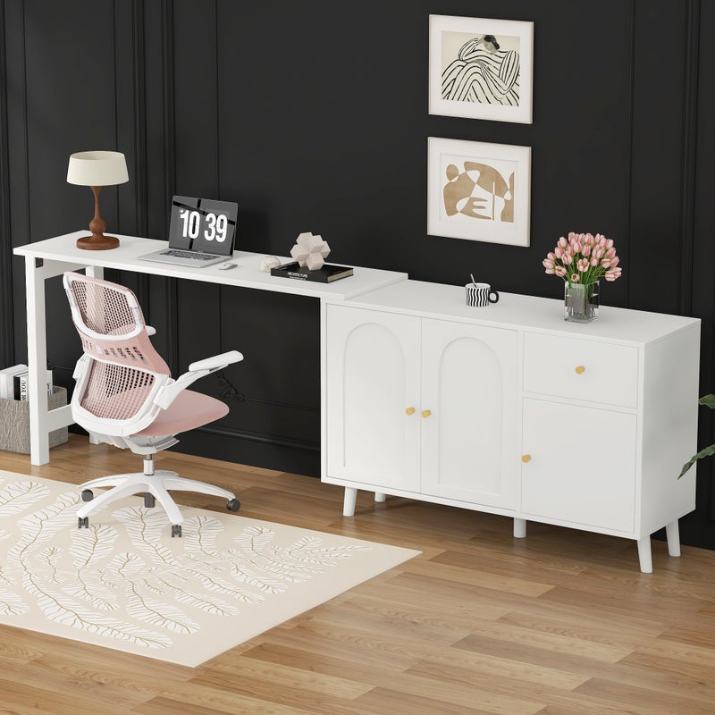 Biurko narożne obrotowe z 3 drzwiami i 1 szufladą, toaletka - 120 x 40 x 74,5 cm - Płyta wiórowa - Kolor biały