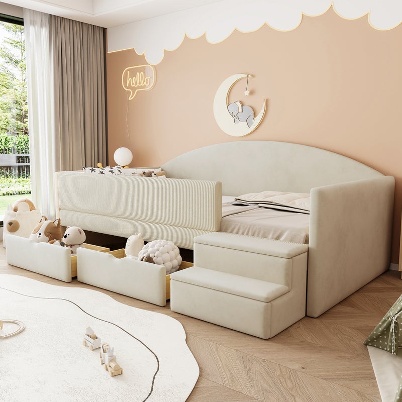 Łóżko tapicerowane 90 x 190 cm z 2 szufladami i schodkami, Sofa rozkładana - Aksamitna - Beżowa (bez materaca)