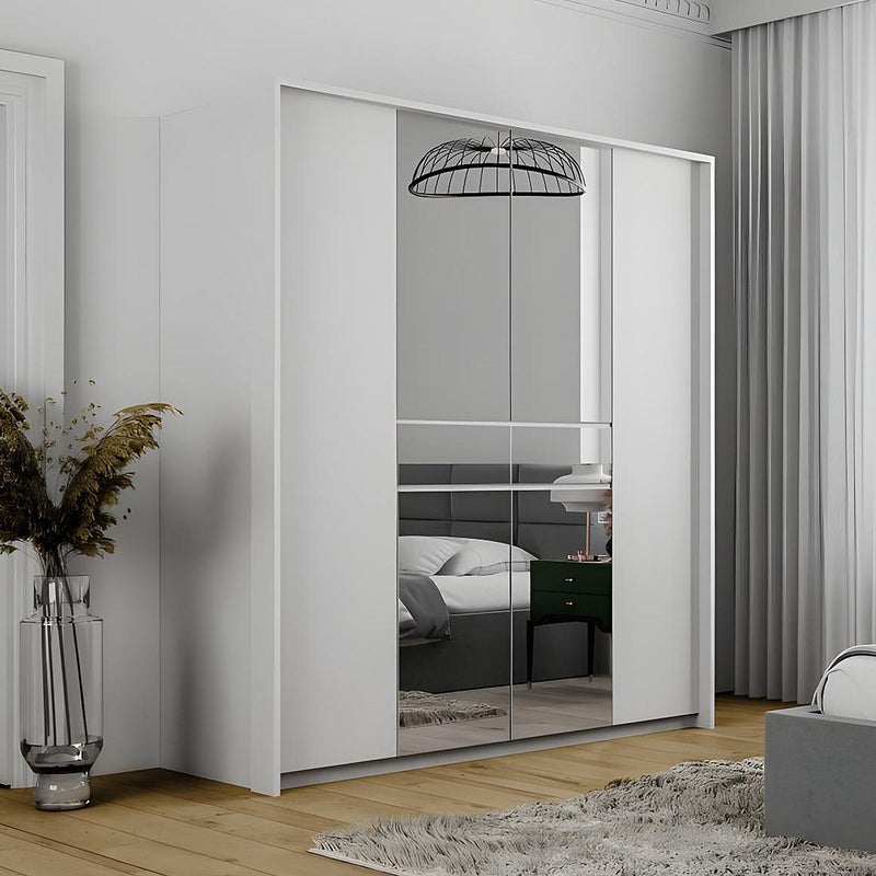Szafa 6 drzwi i 1 szuflada - Z lustrem - Dł. 200 cm - Biały - ZADIA