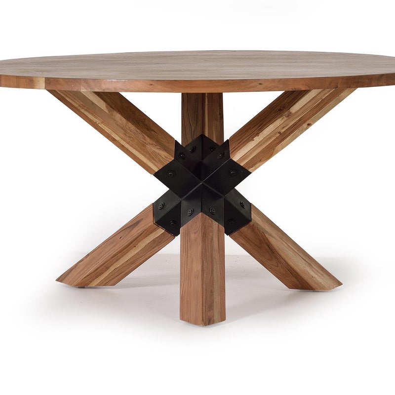 Stół żłobkowy z naturalnego drewna akacjowego i czarnymi metalowymi nogami