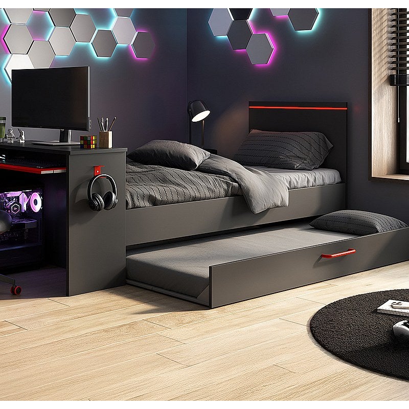 Łóżko wysuwane dla graczy 2 x 90 x 200 - Z biurkiem - Diody LED - Antracyt i czerwień + Stelaż - VOUANI