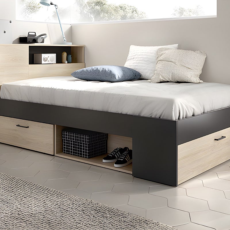 Łóżko z zagłówkiem ze skrzynią i i szufladami - 120 x 190 cm - Naturalny i antracytowy + Stelaż - LEANDRE