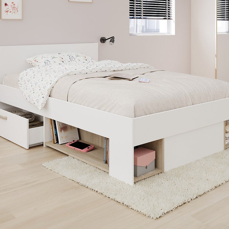 Łóżko 120 x 190 cm ze skrzynią i - Biały i naturalny + Stelaż - KINSELIA