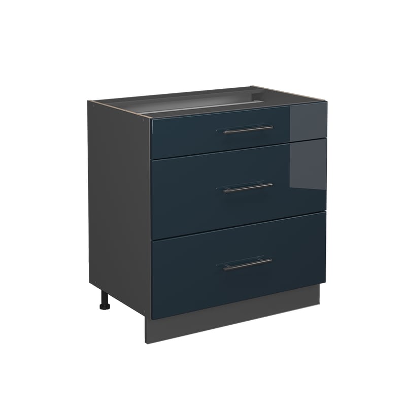 Vicco Szafka dolna do kuchni Fame-Line, Ciemnoniebieski wysoki połysk, 80 cm z 3 szufladami, BP Dąb