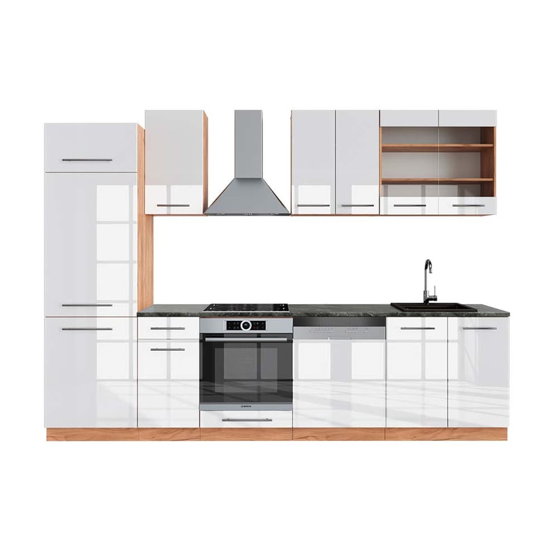 Vicco Aneks kuchenny Fame-Line, Biały wysoki połysk/złoty dąb power, 300 cm , BP Antracyt