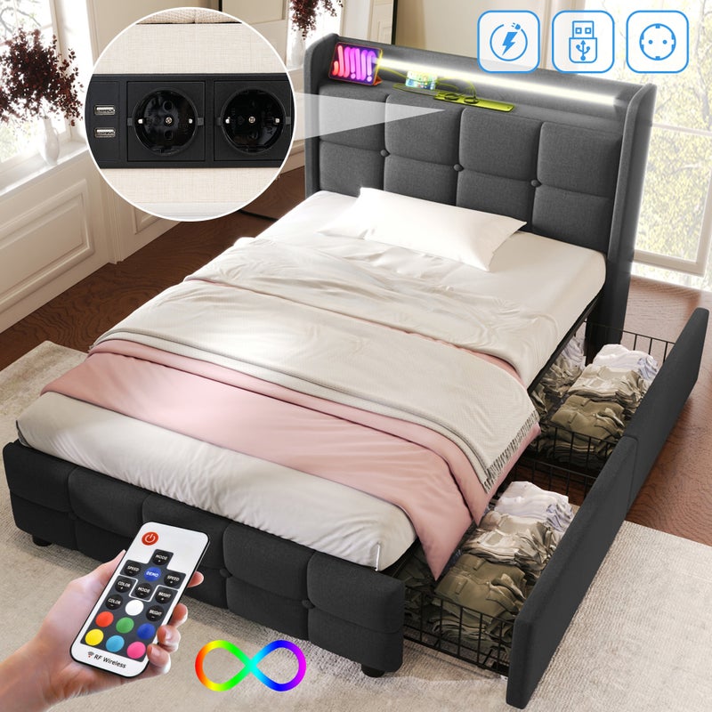 Łóżko tapicerowane-ładowanie USB-zagłówek-oświetlenie LED-2 szuflady-łóżko pojedyncze 90x200 cm-szare-bez materaca