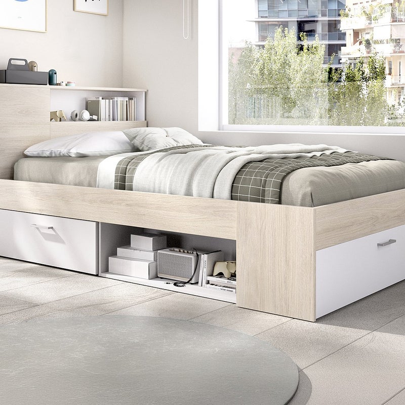 Łóżko z zagłówkiem, schowkami i szufladą - 120 x 190 cm - Naturalny i biały + Stelaż - LEANDRE