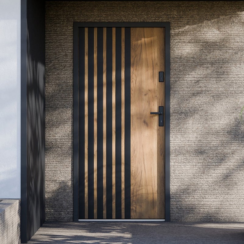 Drzwi zewnętrzne pełne ze stali wys. 207 x szer. 100 cm - Imitacja dębu i czarne pasy - prawe otwierane do wewnątrz - COBRITA