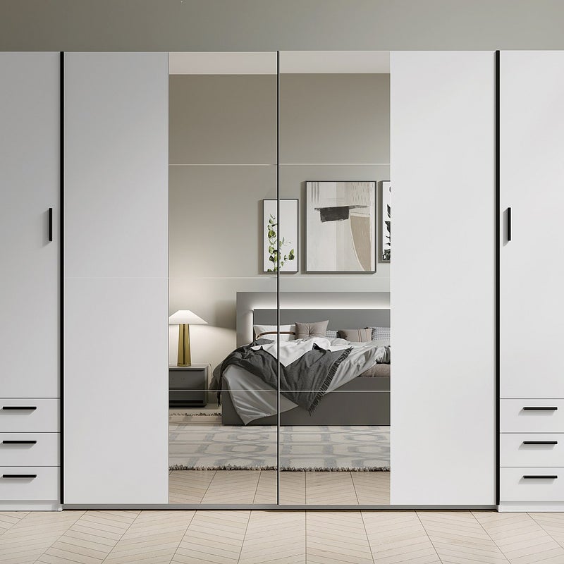 Szafa 4-drzwiowa z 6 szufladami - Z lustrem - szer. 270 cm - Biały - ARVOLIA