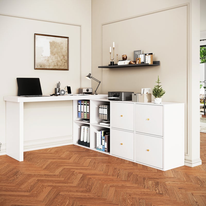 Biurko narożne obrotowe z 4 przegrodami i 4 szufladami - 120 x 48 x 78 cm + 140 x 35 x 74 cm - MDF - Białe