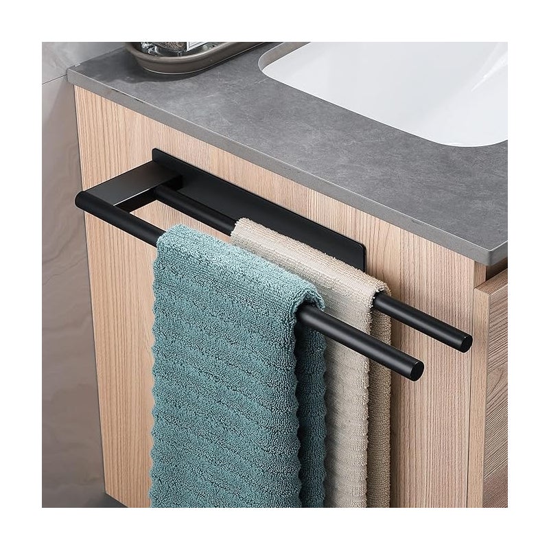 Podwójny wieszak na ręczniki ze stali nierdzewnej bez wiercenia, samoprzylepny, dwuramienny, ścienny wieszak na ręczniki do łazienki, czarny